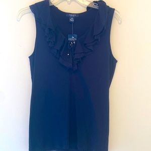 New with tags! Chaps Navy Blue ruffle ruffle collar v neck tee - size Small